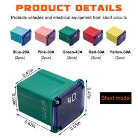 Gasedin 10 PCS Car Square Fuse, Vehicle Micro Cartridge Fuses, Auto Fuse Low Profile Box Shaped Kit 20A 30A 40A 50A 60A for Car, SUV, RV, Truck and Other, Car Accessories (Low)