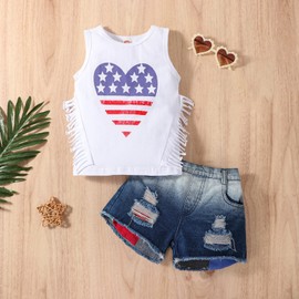 vivifayee Baby Toddler Girls 4th of July Outfit Sleeveless Independence Day Shirt Tassel Tops Denim Shorts Set 2Pcs American Flag Summer Clothes Kids