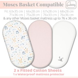 Moses Basket Fitted Sheets Set – 100% Cotton, 3pc Moses Basket Bedding Set with 2 Fitted Sheets & 1 Waterproof Mattress Protector – to fit Moses Baskets, Bassinets & Prams mattress up to 76x36cm