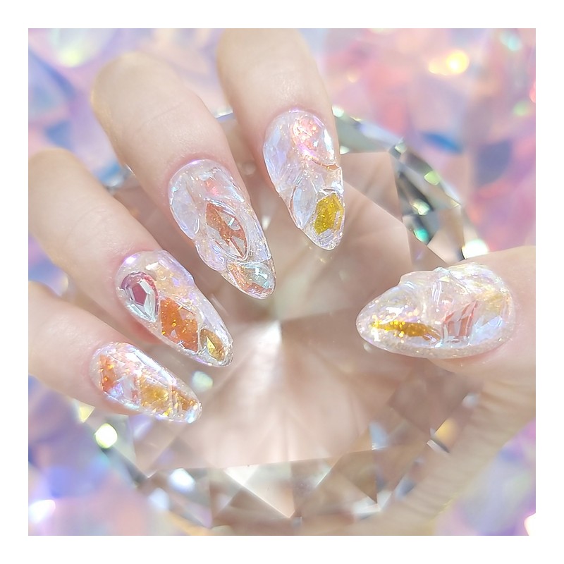 Ice full stone handmade nail tip - short ballerina /