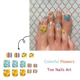 24PCS Colorful French Tip Press on Toe Nails Short Square Fake Toenails Summer Glue on Toe Nails Cute Flower False Toe Nails for Women Reusable Colorful Fake Toenails Manicure Kit