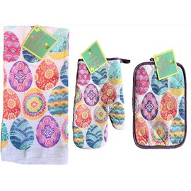 Easter 3 Piece Egg Pastel Kitchen Towel Set with Matching Oven Mitt and Pot Holder + Stickers Colorful (Bundle)