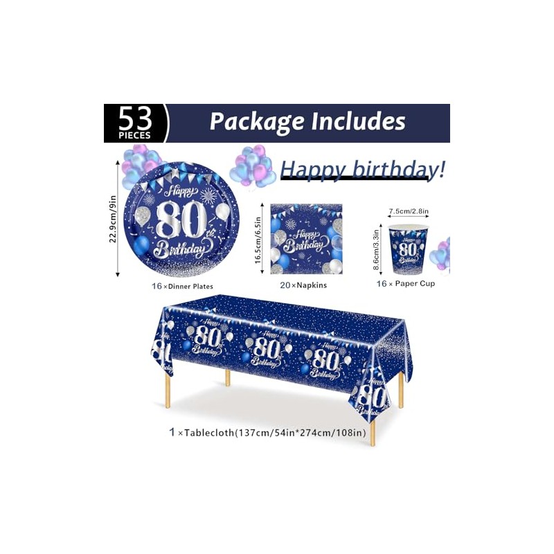 MORAINJAY 53Pcs Birthday Tableware Set for 80,Navy Blue Silver Tableware