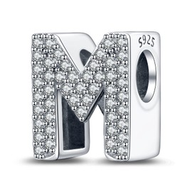LaMenars Letter M Charm 925 Sterling Silver Beads for Bracelets with 5A Cubic Zirconia, Birthday Jewelry Gifts Women Girls