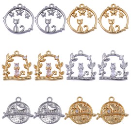 COGCHARGER 12 Pcs Cat Moon Star Planet Celestial Charms Cat with Flower Charms Brass Micro Pave Cubic Zirconia Pendants for Jewelry Bracelets Necklace Earrings Making, Brass Cubic Zirconia, No Gemstone