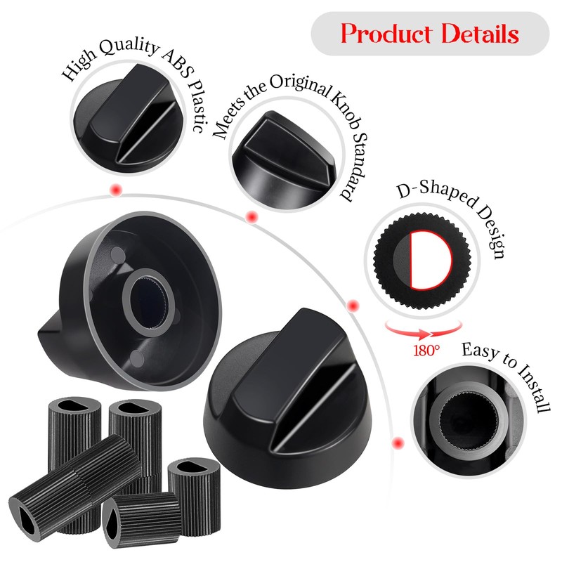 4 Pack Black Control Knobs with Replacement for 12 Adapters,