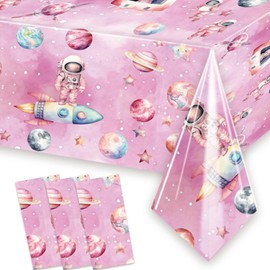 Letromp Outer Space Girls Birthday Party Tablecloth 3 Pack 54'' x 108'' Space Table Covers for Astronauts Theme Girls Baby Shower 1st 2nd 3rd 4th 5th Birthday Party Table Supplies Decorations