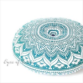 Eyes of India - 32" Green White Round Colorful Floor Patchwork Pillow Cover Meditation Cushion Seating Throw Mandala Hippie Bohemian Accent Boho Chic Dog Bed Indian Handmade Cover ONLY