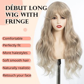 DÉBUT Long Wavy Wig With Fringe for Women Heat Resistant Synthetic Ombre Brown to Blonde Wigs With Bangs for Daily Party Cosplay Use（26 inches, T14F/56E）