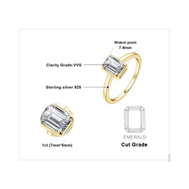 JewelryPalace Classic 1ct Emerald Cut Moissanite Solitaire Engagement Rings for Women, 14K Yellow Gold Plated 925 Sterling Silver Promise Ring for Her, Anniversary Wedding Rings Size P