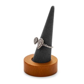 Woodten Solid Wood Jewelry Ring Stand Display Microfiber Cone Single Jewelry Ring Display Stand Showcase(Grey)