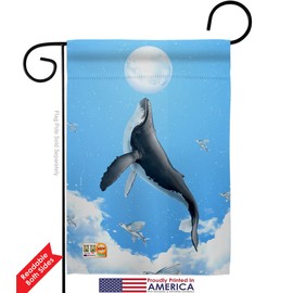 Flying Whale Garden Flag Set with Stand Animals Sea Creature Nautical Ocean Fish Outdoor Summer Marine Small Decorative Gift Yard House Banner Double-Sided Made In USA 13 X 18.5