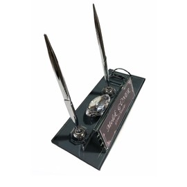 MOOGCO Custom Desk Name Plate: Black Glass Desk Name Plate with Clock, Pen Holder with 2 Pens, Cardholder - Desktop Nameplate, Desk Organizer (Black Glass Clock&Card)