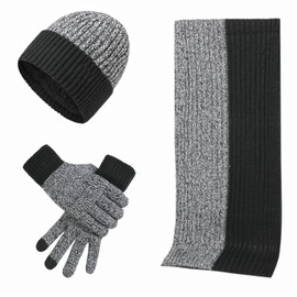AUTOWT Invierno Juego de Gorros Guantes y Bufanda, Sombrero de Beanie Viento Conjunto Bufanda Largo con Punto Doble Capa Gorro de Cálido Unisex Forro Pola Calentador para Inviernos al Aire Libr