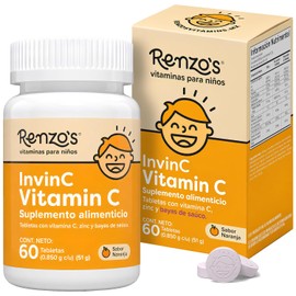 Renzo's InvinC | Vitamina C + Zinc para Niños | 60 Tabs Masticables sin Azúcar | Vitaminas para Niños Sabor Naranja