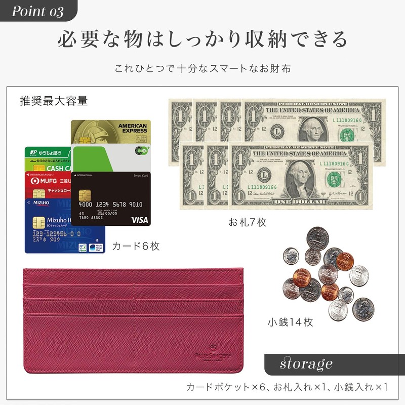 BLUE SINCERE Ultra-thin Long Wallet, Genuine Leather, Card Case, Holds