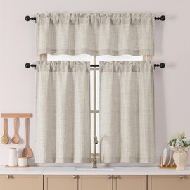 Chyhomenyc Curtains 36 Inch Length, Light Filtering Faux Linen Textured Half Window Kitchen Window Curtains Over Sink, Short Curtain for Cabinet Bathroom Basement, 30Wx36L, 2PCS, Linen Color
