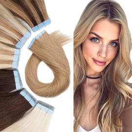 Tape In Hair Extensions Human Hair Remy Tape On Extensions Adhesive Skin Weft Tape In Hair Natural Glue in Hairpieces Full Head Blonde Remy Tape Extensions 14 inch 40g 20pcs #27 Dark Blonde