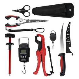 RAWILL Fishing Kit,Filleting Knife, Hook Remover, Fish Grip, Line Cutter,Fishing Scale, Pliers with Lanyards,Not Include Batteries.As A Gift for Anglers