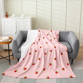 Girls Strawberry Blanket Twin 60x80,Kawaii Strawberry Throw Blanket for Kids,Japanese Style Pink Cute Cartoon Fruit Food Theme Fleece Blanket,Girly White Floral Flannel Blanket Sofa Bed Couch Decor