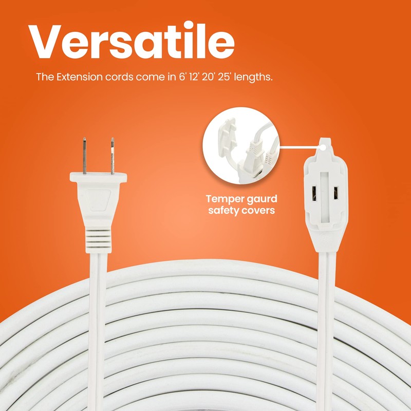 [UL Listed] 12 Feet White Extension Cord, 3 Outlet, 2