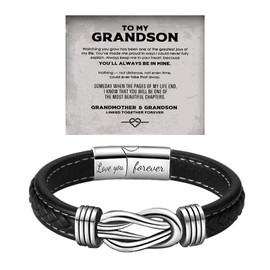 Always In My Heart Keepsake Knot Bracelet, Grandson's Legacy Knot Bracelet Gift Set with Engraved To My Grandson Infinity Leather Bracelets from Grandma Stainless Stee Forever Linked Together Bracelets Jewelry(Love You Forever)