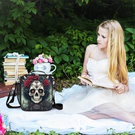 Goth Skull Insulated Lunch Bag for Girls Boys Teen Skeleton Flower Reusable Lunch Box with Shoulder Strap Freezable Thermal Cooler Bag Meal Prep Boxs for School Travel Picnic Beach Lunch Pail