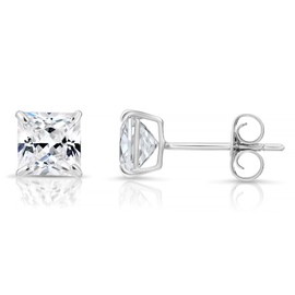 14k White Gold Princess-Cut Square Cubic Zirconia CZ Stud Earrings with Gold Butterfly Pushbacks (5mm)……