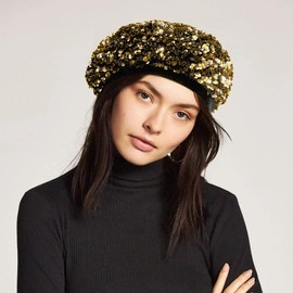 Glamorstar Bling Beret Hats for Women Sparkly Sequin Beanie Hat Black Gold