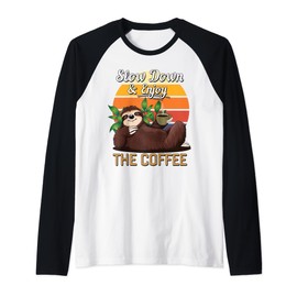 Retro Sloth Slow Down Enjoy The Coffee Lovers Chill Vibes Raglan Baseball Tee
