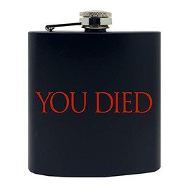 Crown Souls of the Dark "You Died" Game Inspired Design Stainless Steel Alcohol Flask, 6 Oz., Black