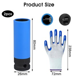 PLCatis Pack of 2 17 mm Impact Wrench Nuts with Plastic Sleeve Socket Spanner Insert 17 mm Nut Wheel Change for Torque and Impact Wrench, with 1 Piece Protective Gloves