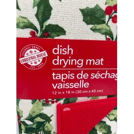 Christmas Dish Drying Mat with Holly and Berries on Front and Solid Red on Back - 12" x 18"