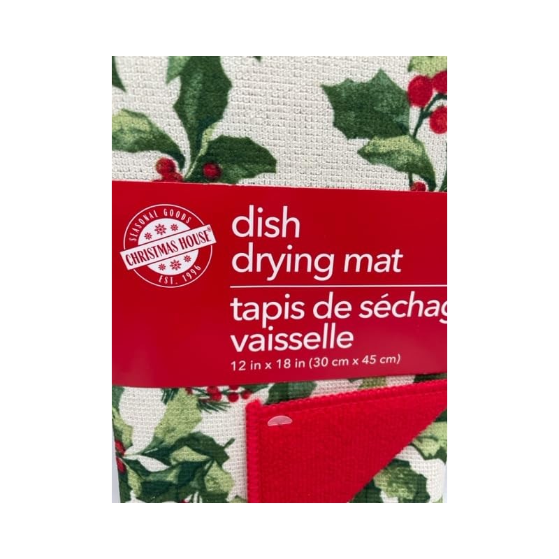 Christmas Dish Drying Mat with Holly and Berries on Front