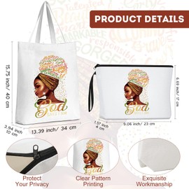 Sadnyy 4 Set Black Girl Makeup Bag African Women American Tote Bag Inspirational Cosmetic Bags Canvas Shoulder Handbag Motivational Pocket Hug Token and PU Leather Keychain for Women Girls (Elegant)