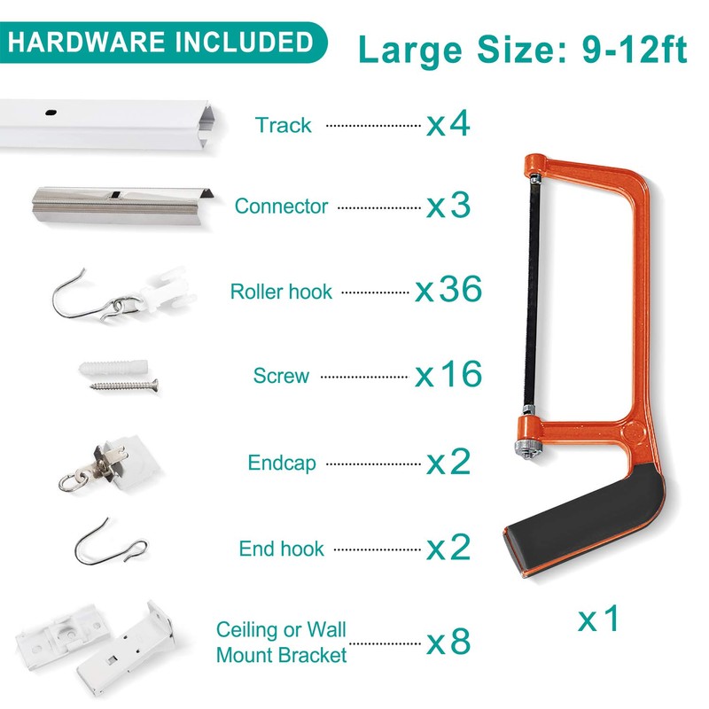 ChadMade Aluminum Ceiling Curtain Track Set with Hooks, 9ft -