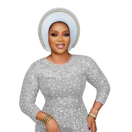 Exquisite Beaded African Headbands: Handcrafted Gele Turban Caps for Nigerian Fashion Celebrations (US, Numeric, 5 1/8, 6 1/4, Silver)