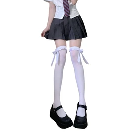 Snugly Women's Knee High Socks, Ribbon, White, Maid Clothing, Thigh High Socks, Knee High, Velvet, Compression, Soft, 27.6 inches (70 cm), Thigh Length, Cosplay, white