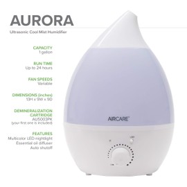 AIRCARE Aurora Ultrasonic Cool Mist Humidifier, Whisper-Quiet between 8-24 hours, Seven Color LED Night Light, Essential Oil Tray and Automatic Shut-Off for Baby, Nursery or Bedroom (White, 1 gal)