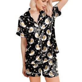 Ekouaer Pajama Set Women's Satin Sleepwear Short Sleeve Pjs Top & Shorts Summer Silk Nightwear 2 Piece Lounge Set,Black,XL