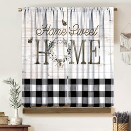 Rustic Farmhouse Curtains, Sweet Home Cotton Wreath Black White Check Decor Vintage Rural Barn Wooden Plank Drapes, Blackout Rod Pocket Window Treatments for Living Room Bedroom Kitchen 42x45in