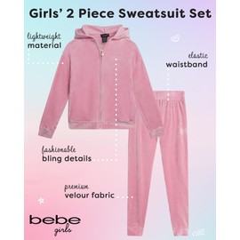bebe Girl's Sweatsuit Set - 2 Piece Velour Zip Sweatshirt and Jogger Sweatpants - Youth Tracksuit Set for Girls (7-12), Size 10-12, Bleached Mauve