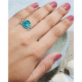 Sivalya Bali Blue Turquoise Ring Sterling Silver - Natural Stone Solid 925 Silver Chunky Solitaire Ring – Statement Boho Vintage Look Fashion Ring for Women - December Birthstone (9)