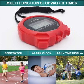 Digital Water-Proof Stop Watch, Multifunctional Sports Stop Watch for Swimming, Running, Basketball and Football, LCD Display Chronograph with Alarm Clock (Red)