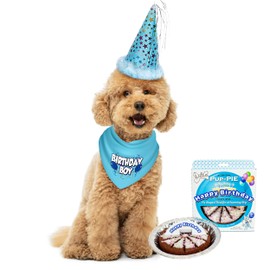 JT PET Dog Birthday Boy Party Pack with Bandana, Star Spangled Party Hat with Adjustable Elastic, Tassels and Feathery Trim, and Vegan Birthday Pie, Large