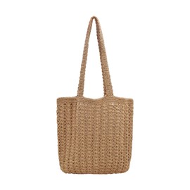 TeeYee Boho Crochet Summer Handbag Handmade Cotton Rope Knit Shoulder Bag for Women Bohemia Tote with Hollow Design for Beach tan