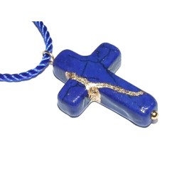 Kintsugi 1" Lapis-Blue Howlite Cross, Broken, Mended with 23k Gold, Cord Necklace