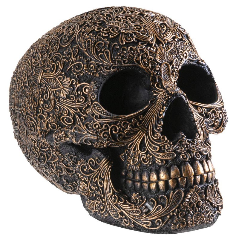 SUMMIT COLLECTION Black Carved Ceremonial Skull with Gothic Motif Design