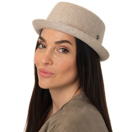 LIERYS Uni Structure Pork Pie Linen Hat - Plain Hat - Classic Shape - Herringbone Pattern & Trimming Band - Made in Italy - Men - Spring/Summer, light beige