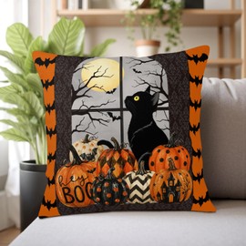 Halloween Pillow Covers Spooky Pumpkin Throw Pillow Covers 18x18 Set of 2 Black Cat Boo Pillow Cases Full Moon Bat Cushion Cases for Living Room Bedroom Patio Porch Garden